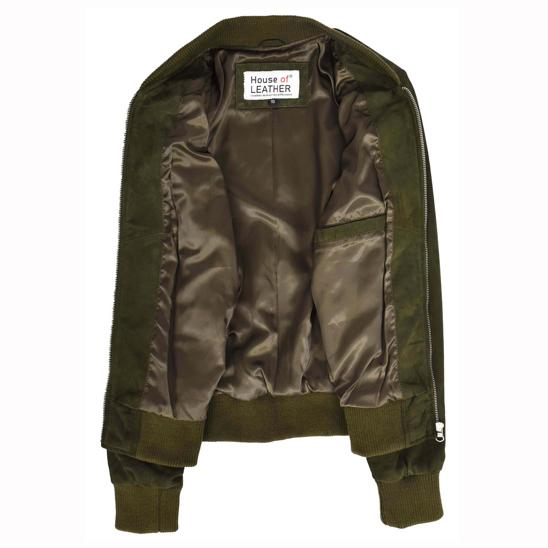 Womens Real Goat Suede Bomber MA-1 Jacket Faye Khaki Green 7