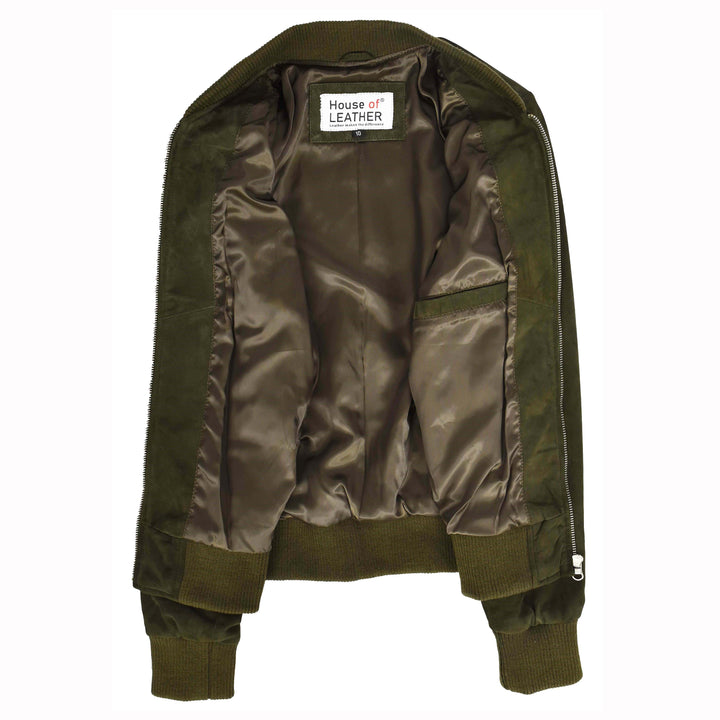 Womens Real Goat Suede Bomber MA-1 Jacket Faye Khaki Green 7