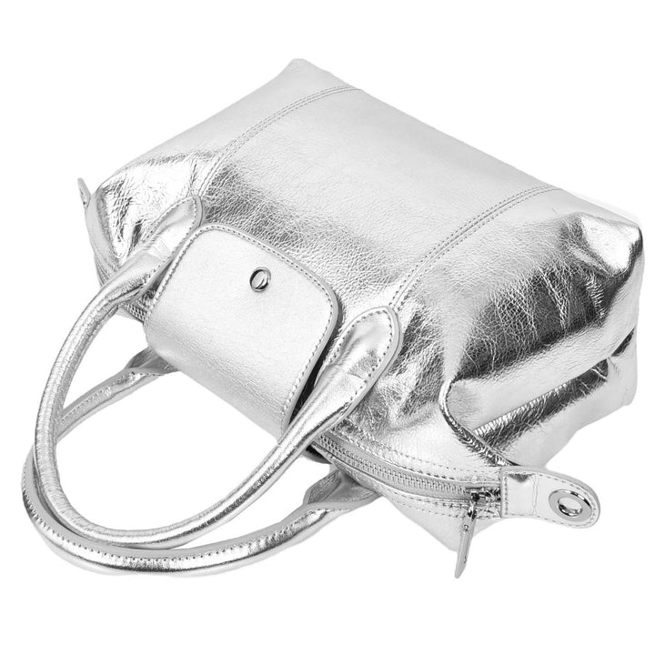 Womens Real Leather Handbag Small Top-Handle Tote Style Quinn Silver-5