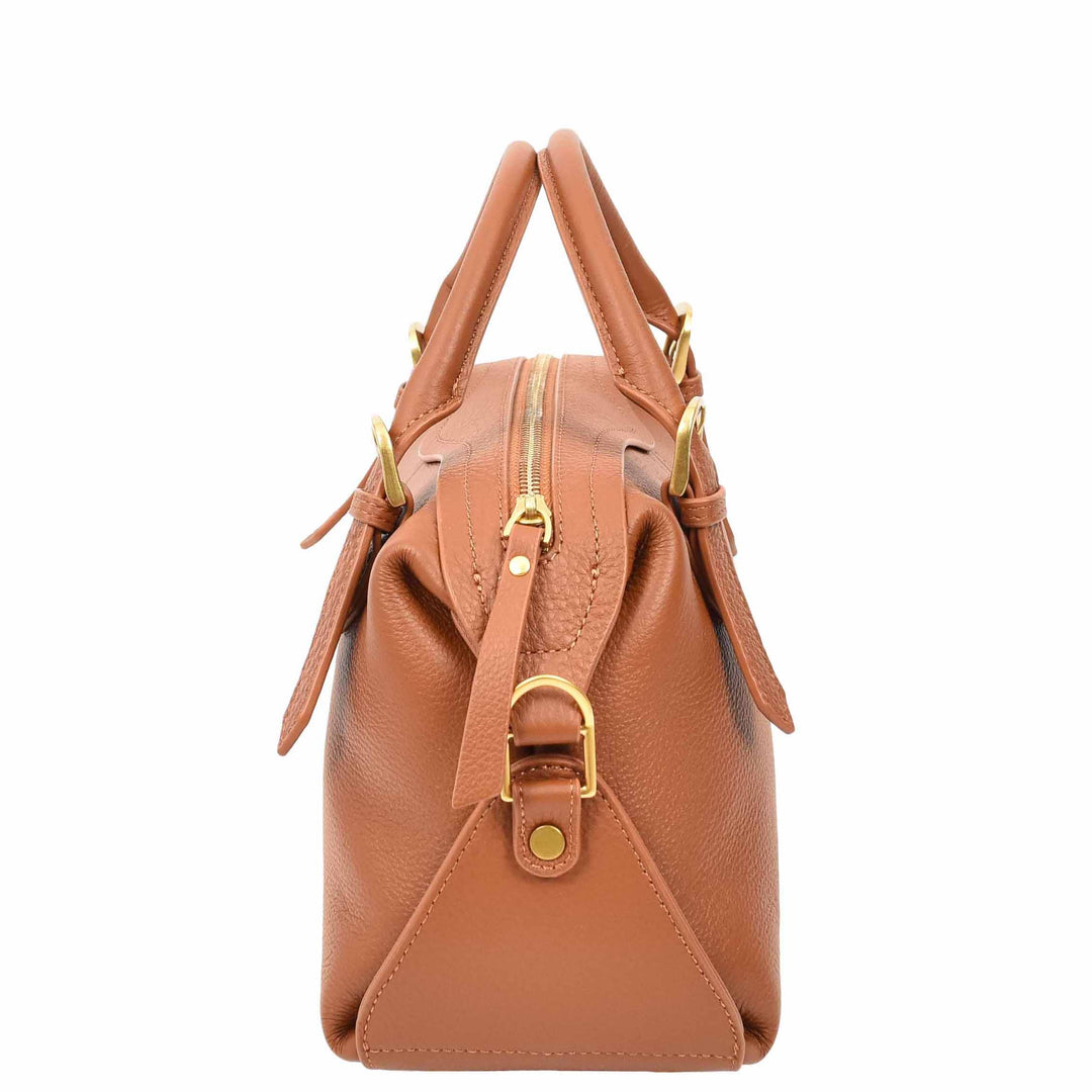 Women's Leather Satchel Handbag Top Handle Crossbody Purse Freya Brown 4