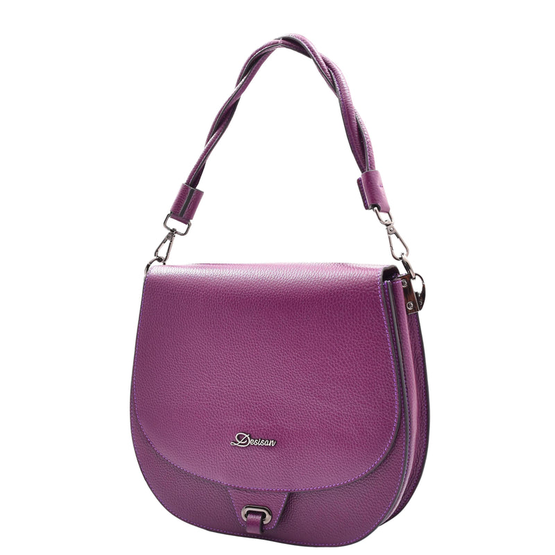 Womens Large Satchel Cross Body Leather Bag Zip Strap ALICIA Purple 7