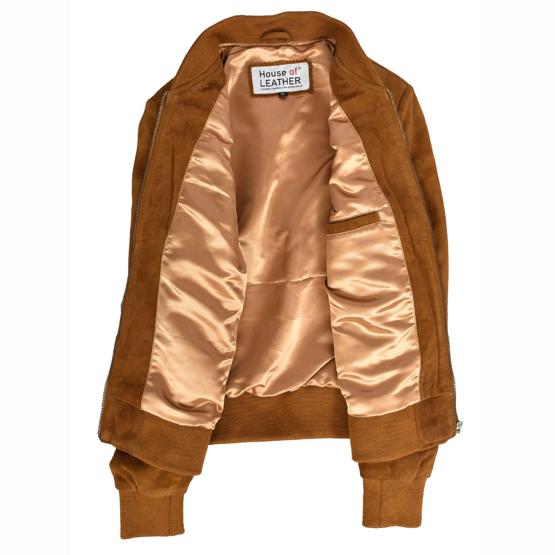 Womens Real Goat Suede Bomber MA-1 Jacket Faye Cognac 7