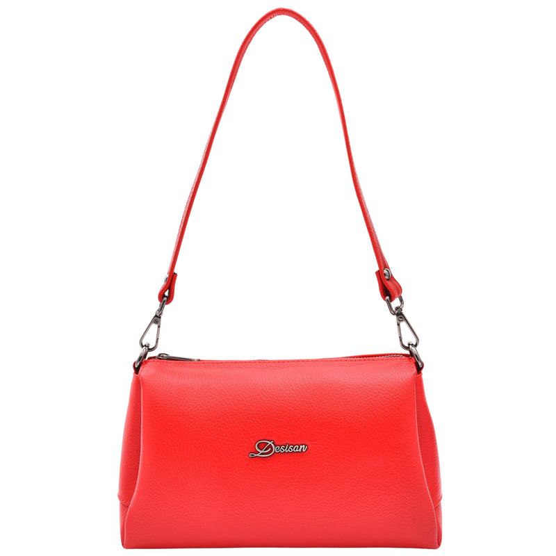 Womens Real Leather Shoulder Zip Bag Small Size Handbag Chloe Red 7