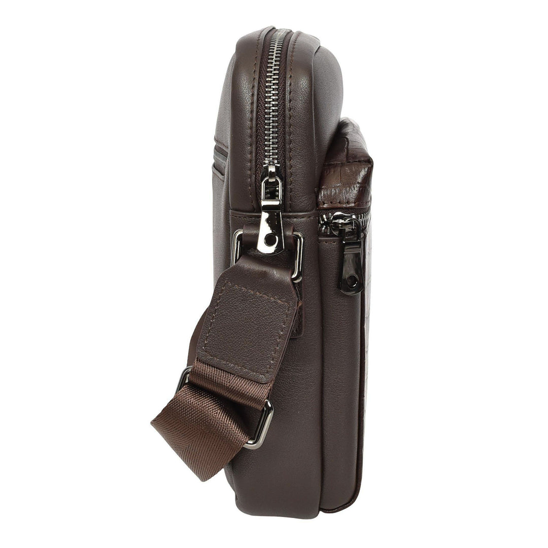 Mens Real Leather Croc-Print Crossbody Bag Casual Messenger Flight Pouch Delmon Brown