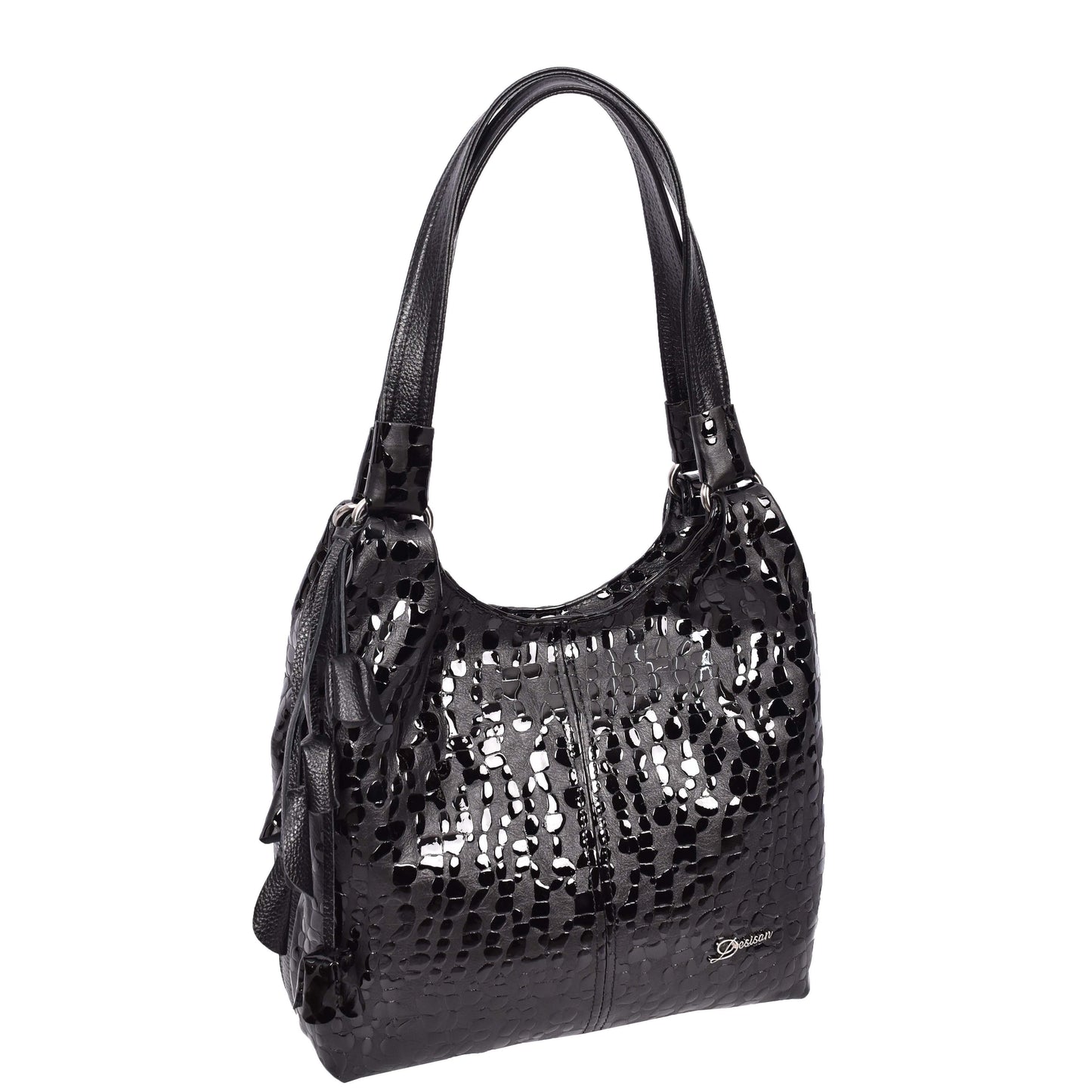 Women's Real Leather Croc-print Shoulder Bag Zip Opening Large Hobo Handbag Kimberly Black-4