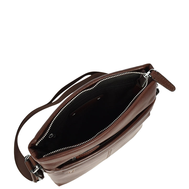 Mens Real Leather Cross body Bag Messenger Shoulder Flight Bag Classic Design Zion Brown
