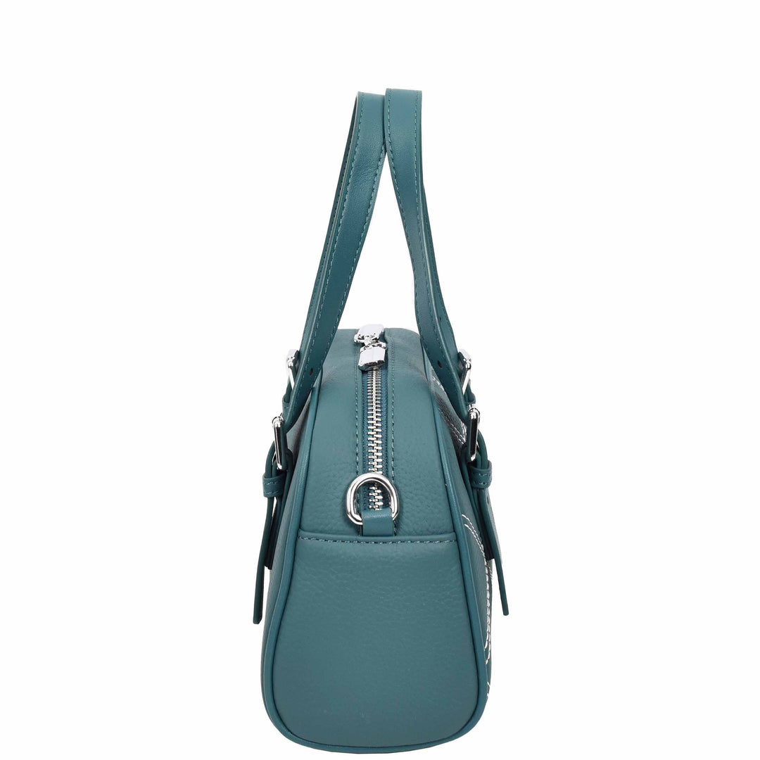 Women's Leather Satchel Handbag Quilted Stitch Design Anya Teal 4