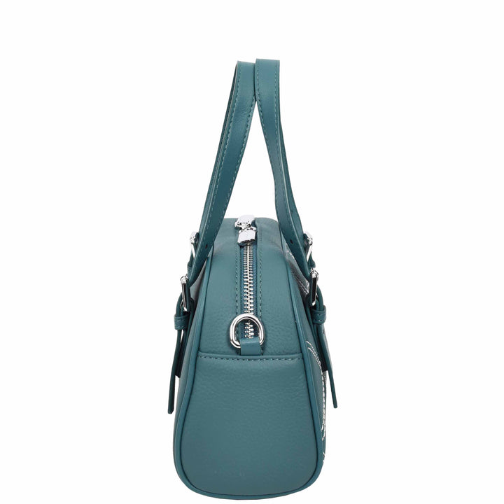 Women's Leather Satchel Handbag Quilted Stitch Design Anya Teal 4