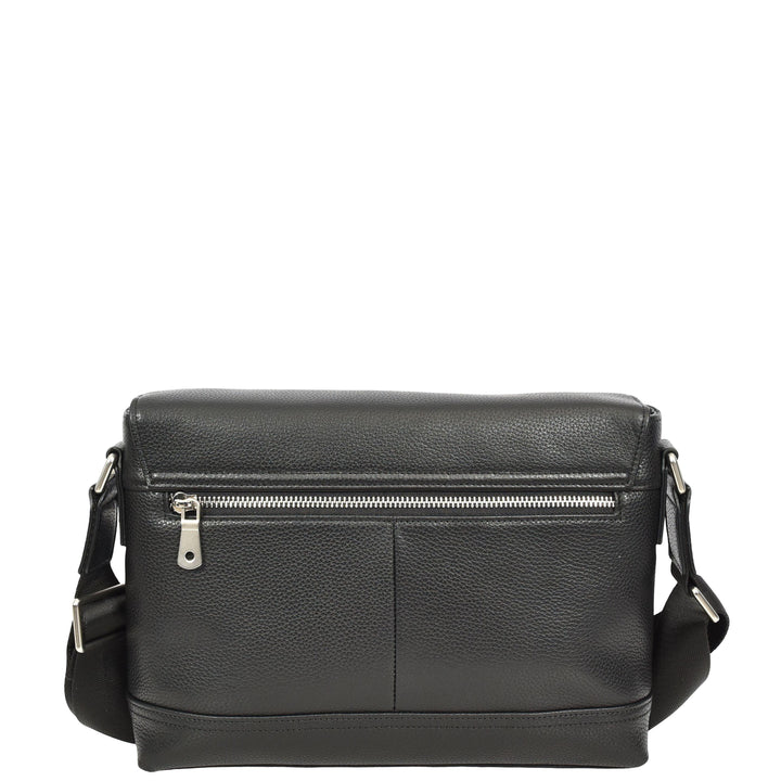 Men's Real Leather Crossbody Messenger Bag Flap Over Dual Buckle Ted Black