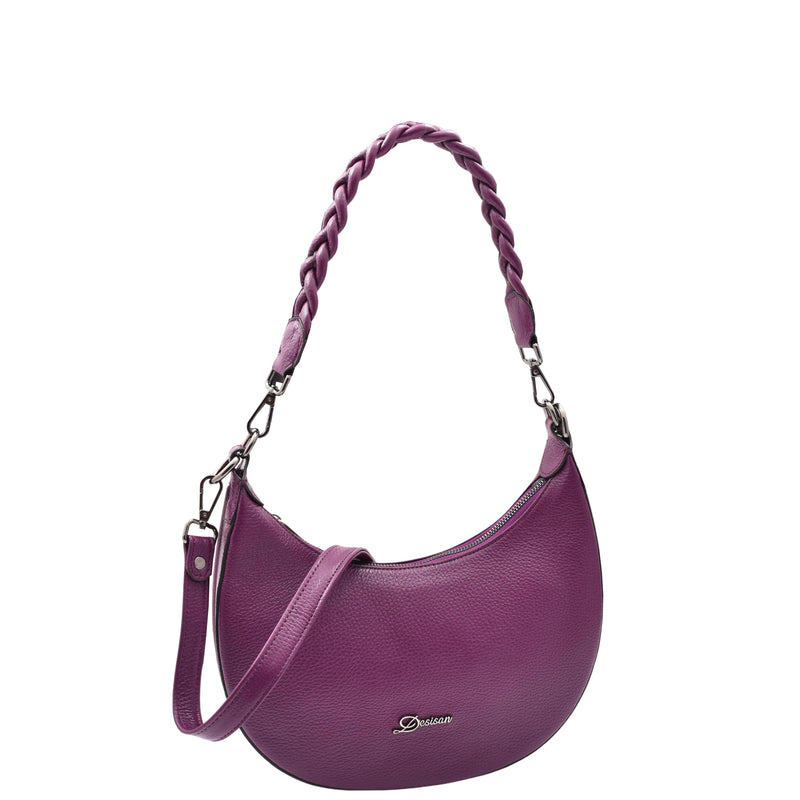Womens Leather Twist Handle Strap Zip Cross Body Bag SARAH Purple 7