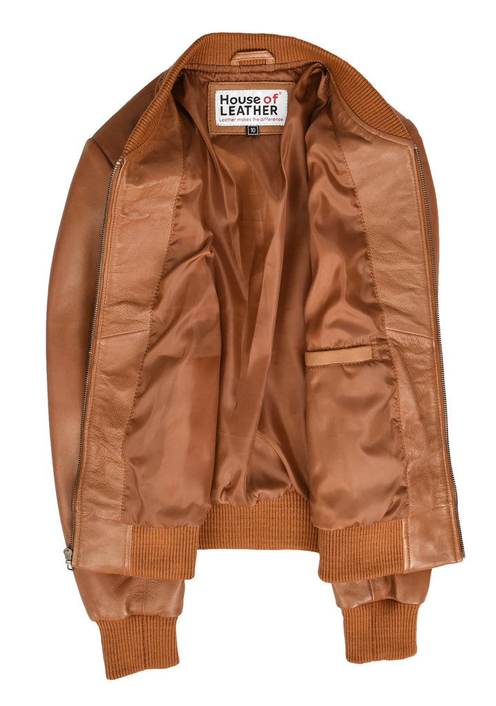 Womens Real Leather Varsity Bomber Jacket Faye Tan