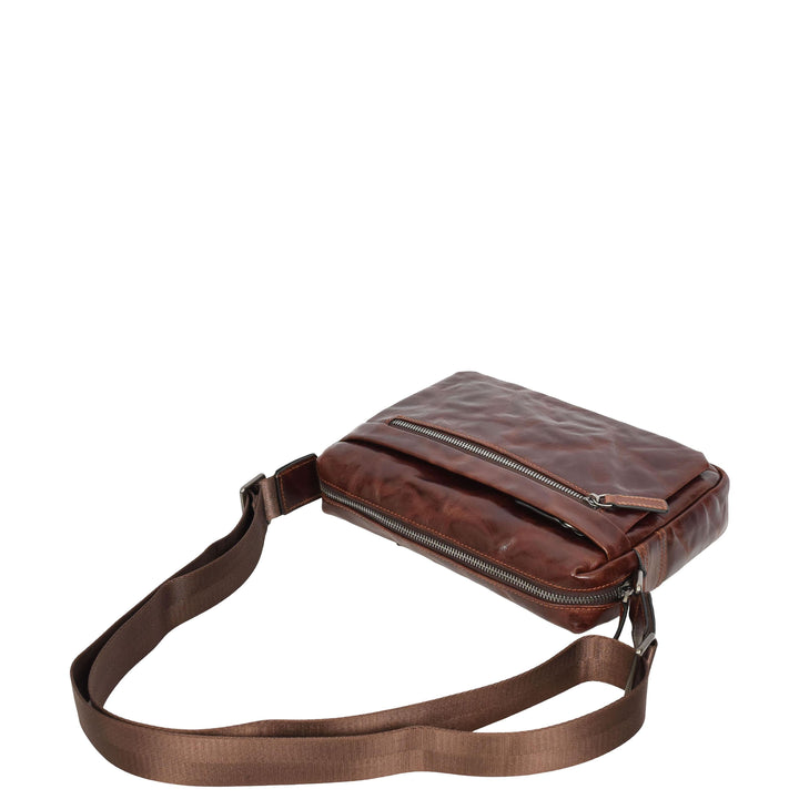 Mens Genuine Distressed Leather Crossbody Flight Bag Multiple Pockets Axel Brown