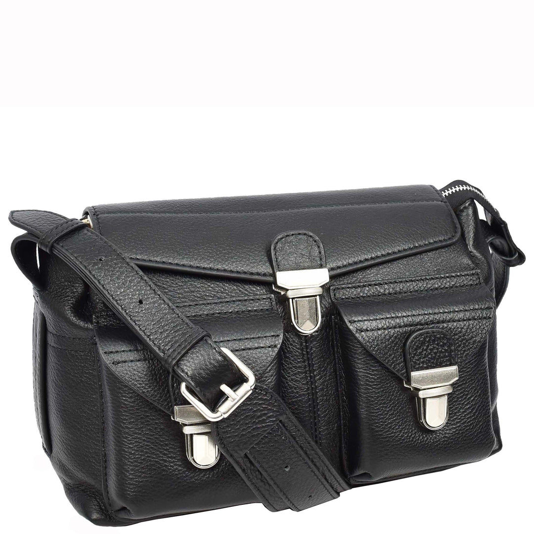 Women's Real Leather Satchel Shoulder Bag Adjustable Strap Renee Black 7