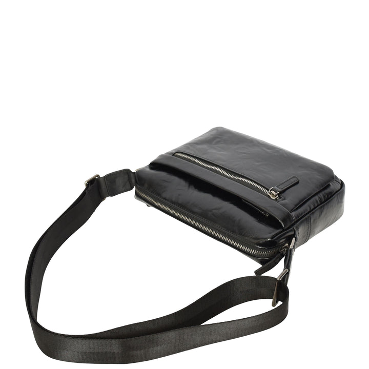Mens Genuine Distressed Leather Crossbody Flight Bag Multiple Pockets Axel Black