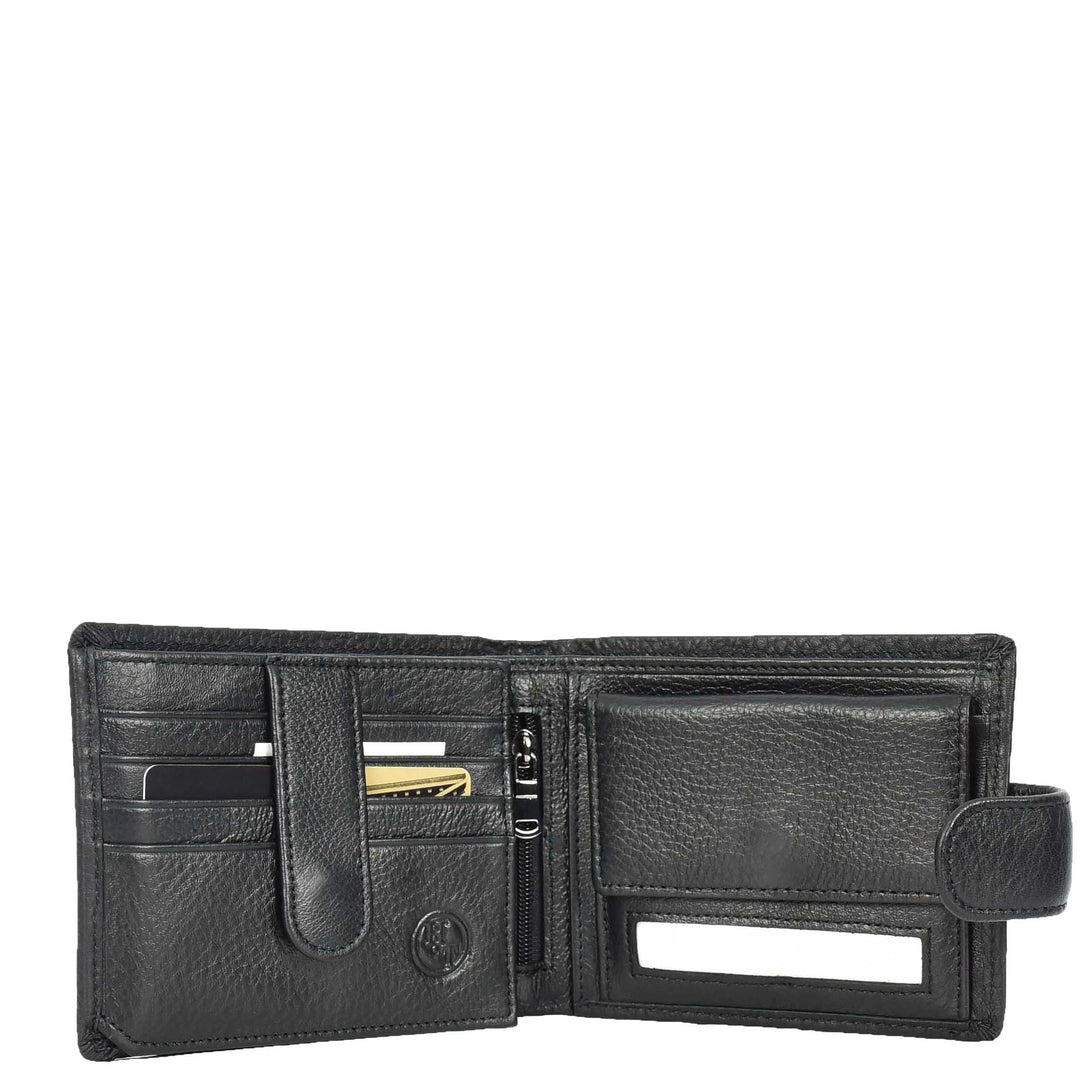 Mens Real Leather Bifold Wallet Banknotes ID Window Card Holder Cairn Black