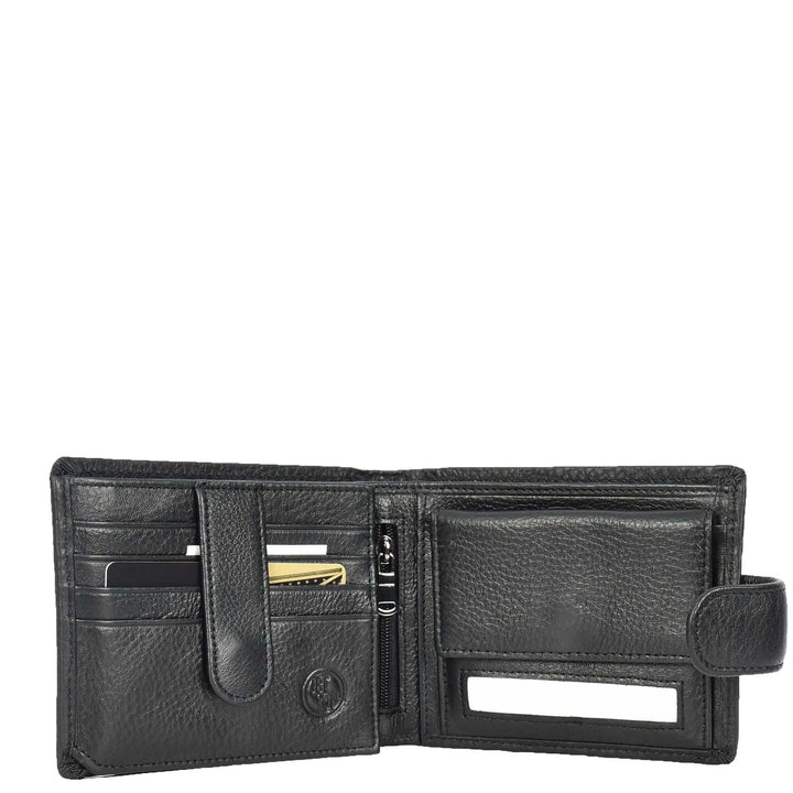 Mens Real Leather Bifold Wallet Banknotes ID Window Card Holder Cairn Black