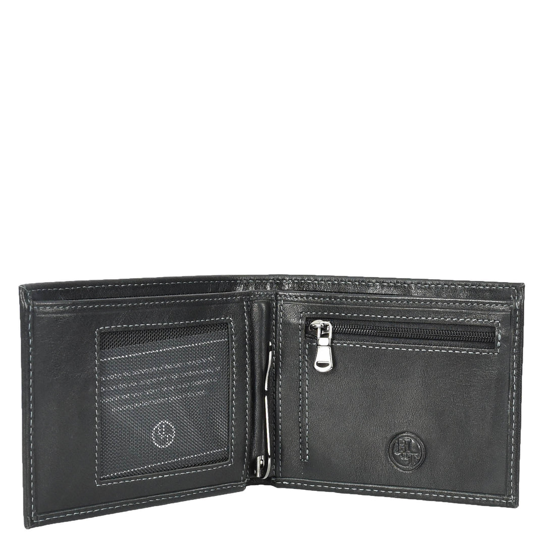 Mens Premium Leather Bi-Fold Wallet ID Coins Banknotes Clip Holder Byala Black-3