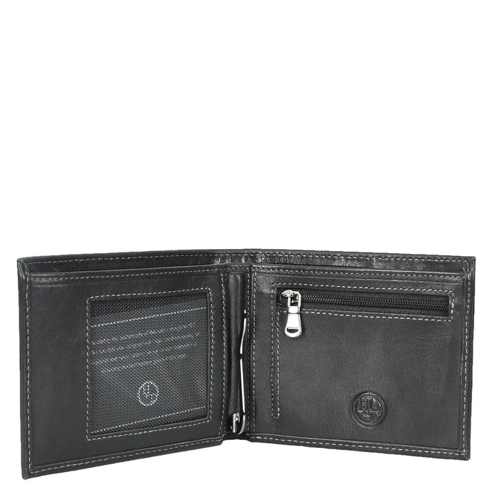 Mens Premium Leather Bi-Fold Wallet ID Coins Banknotes Clip Holder Byala Black-3