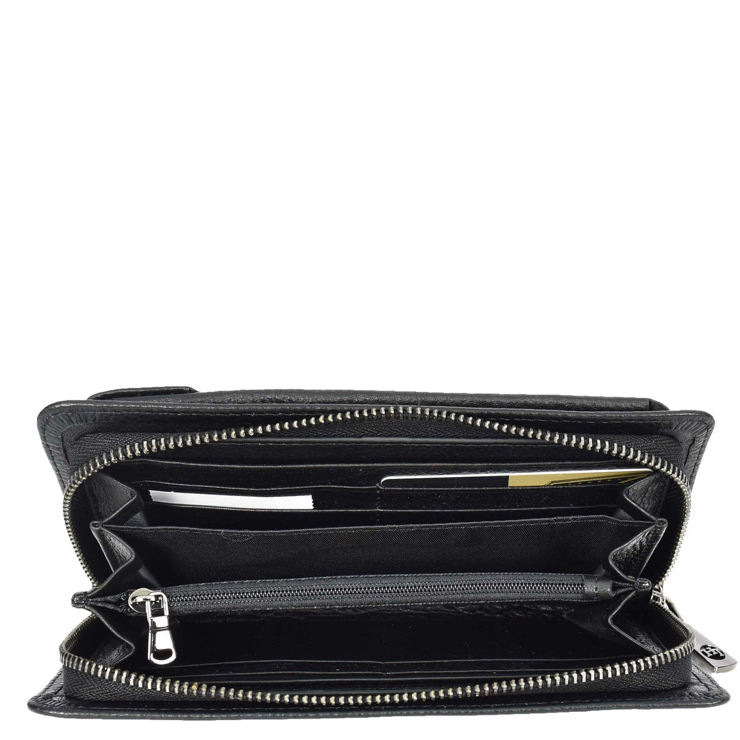 Womens Real Leather Purse Large Mobile ID Cards Glasses Organiser Clutch Wallet Arlon Black-3