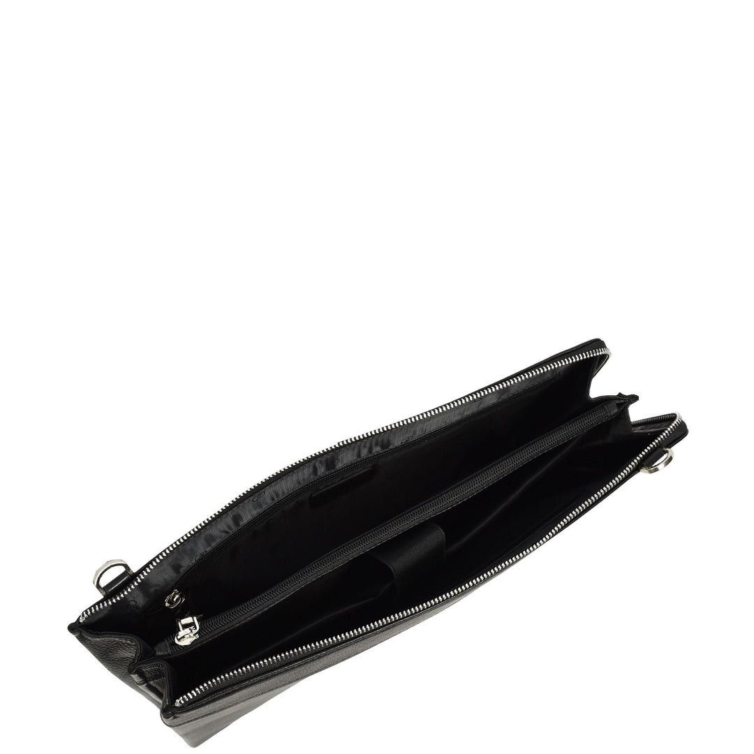 Real Leather Zip Around Folio Bag Underarm Documents Tablet Organiser Kylo Black