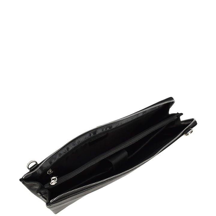 Real Leather Zip Around Folio Bag Underarm Documents Tablet Organiser Kylo Black