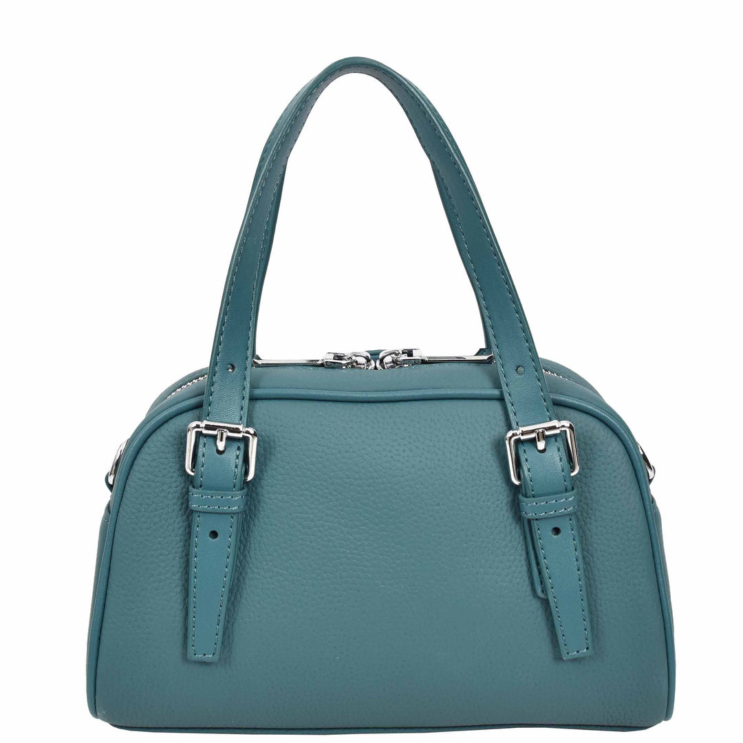 Women's Leather Satchel Handbag Quilted Stitch Design Anya Teal 2