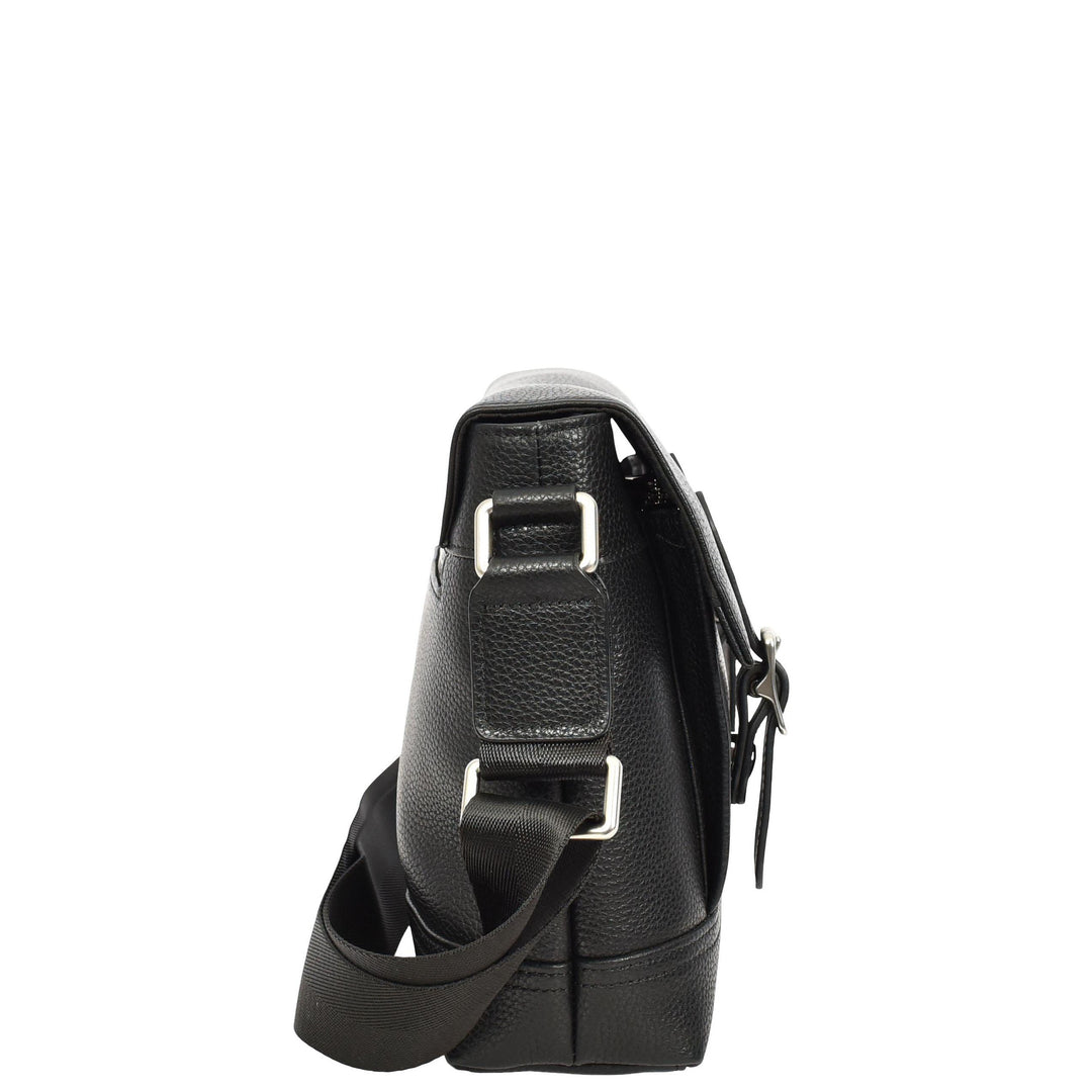 Men's Real Leather Crossbody Messenger Bag Flap Over Dual Buckle Ted Black
