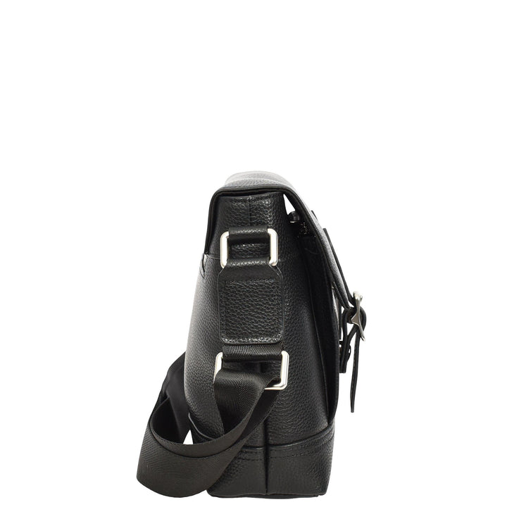 Men's Real Leather Crossbody Messenger Bag Flap Over Dual Buckle Ted Black