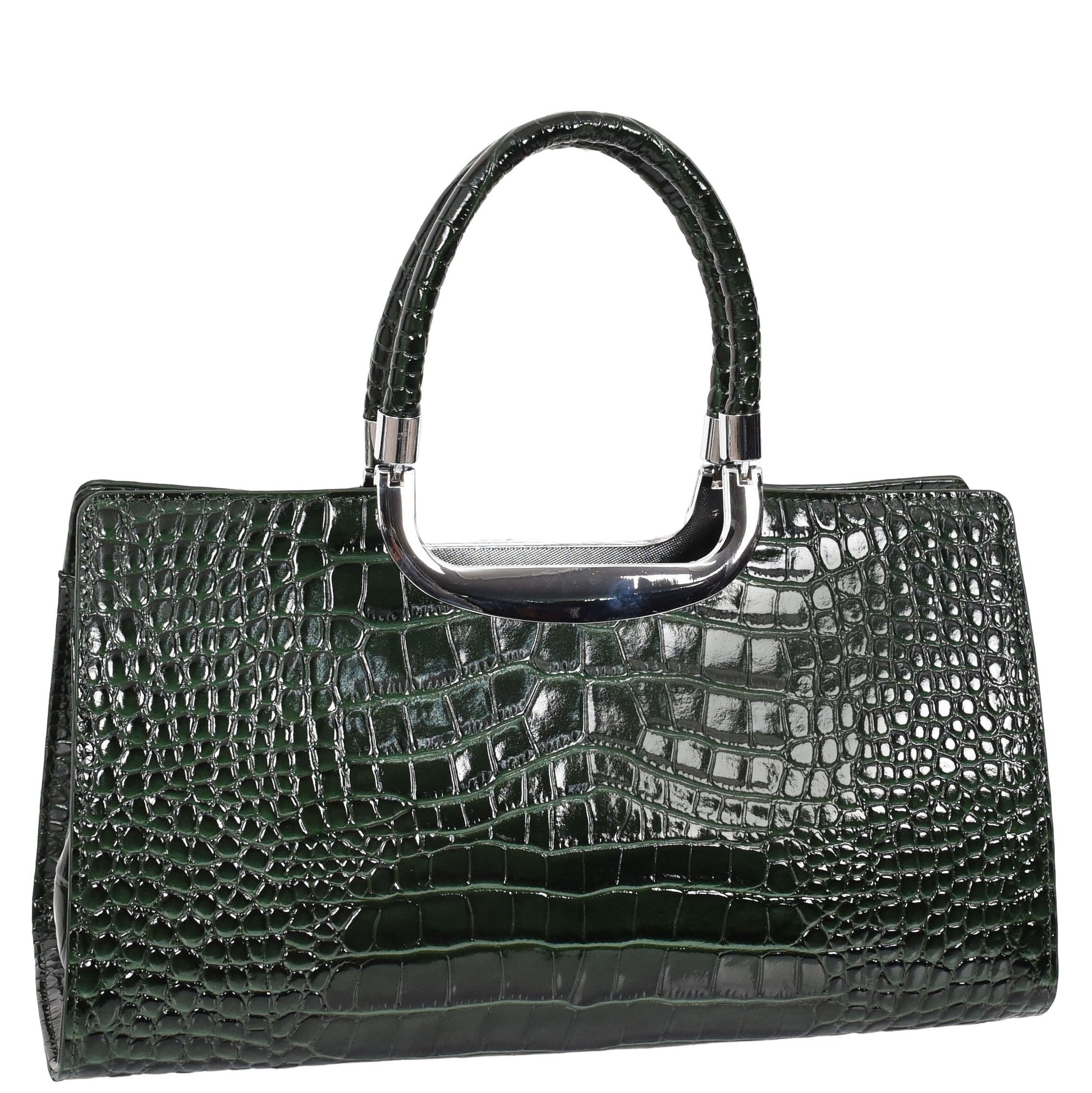 Womens Leather Croc Print Handbag Madeline Green 2