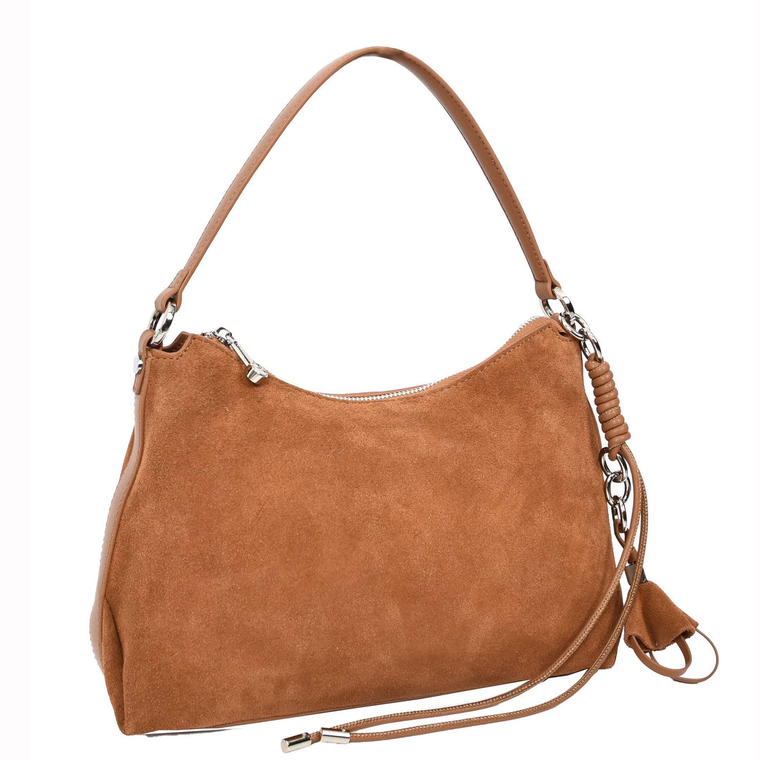 Women's Real Suede Hobo Shoulder Bag Side Tassel Solana Tan 8