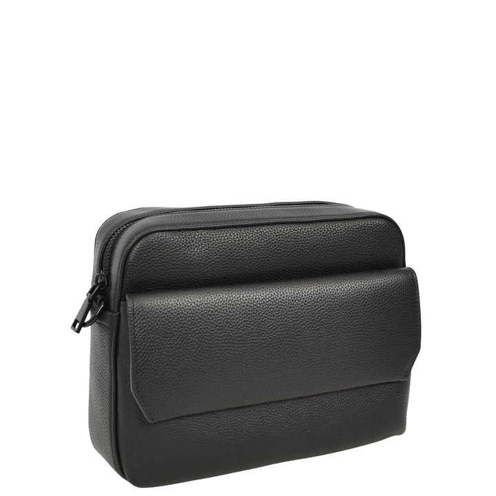 Men's Real Leather Crossbody Flight Bag Adjustable Strap Sandy Black