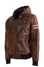 Mens Real Leather Bomber Zip up Detachable Hoodie Jacket Dallas Cognac 8