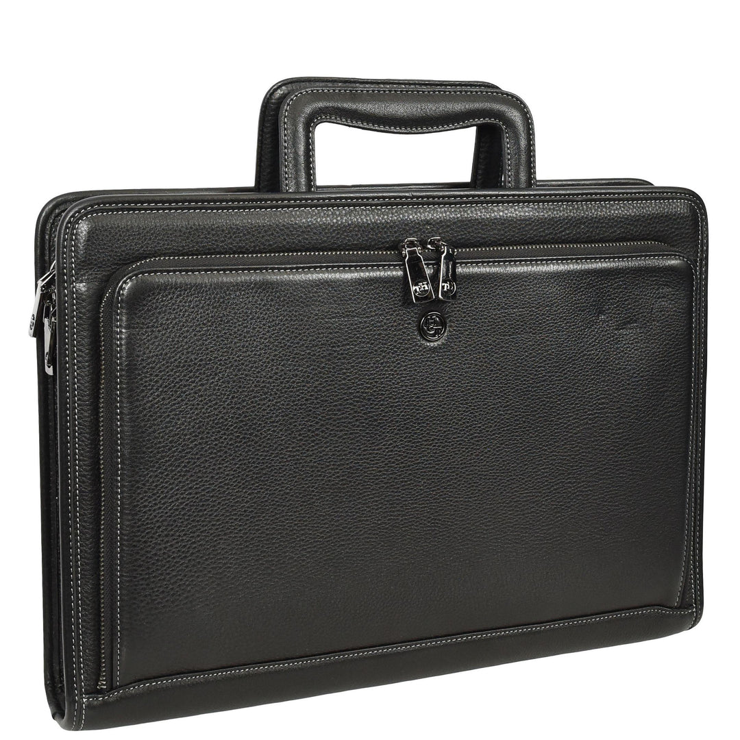 Men’s Leather Business Briefcase Laptop Work Bag with Crossbody Shoulder Strap Raya Black