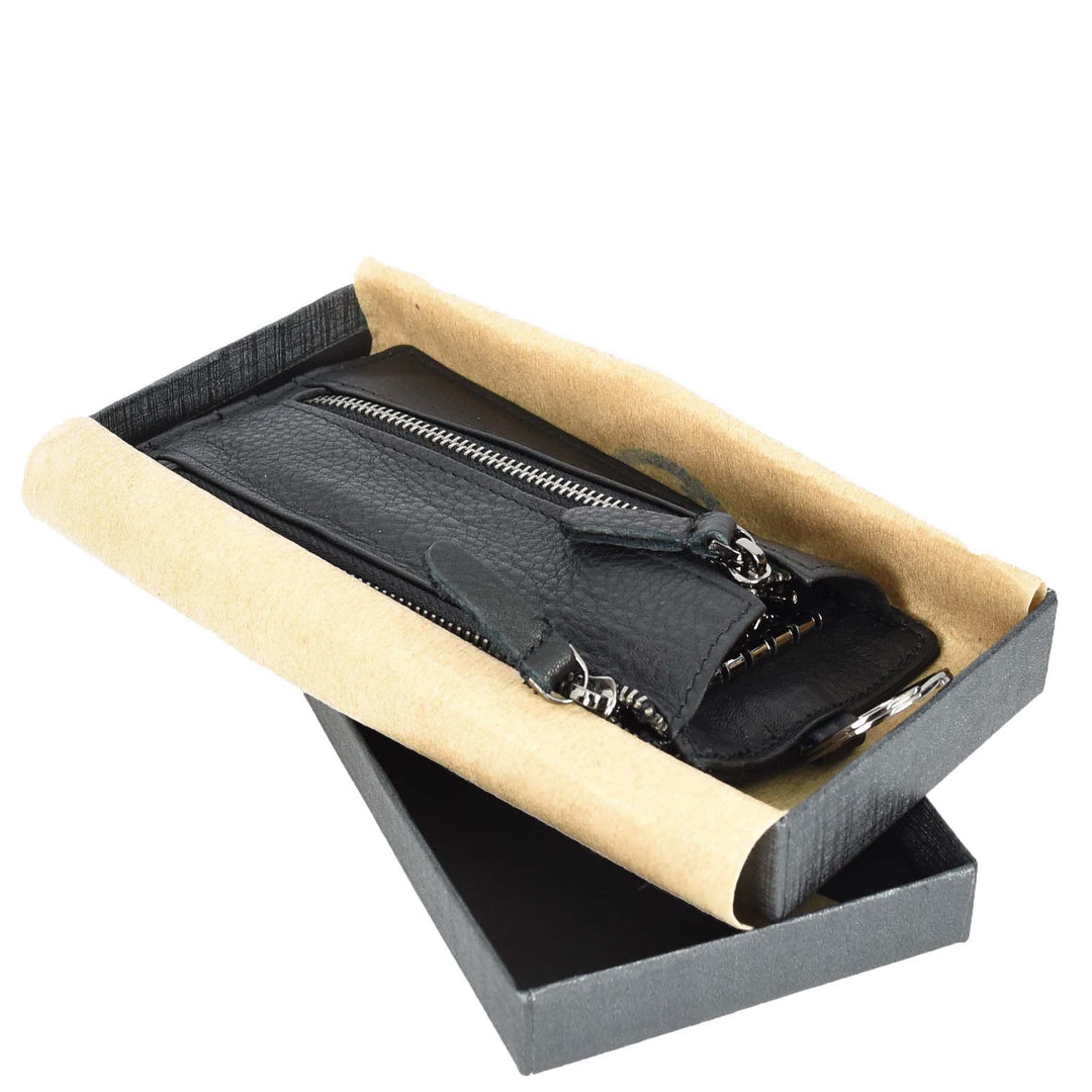 Real Leather Key Case Wallet Large Size Car key Holder Organiser Pouch Trois Black