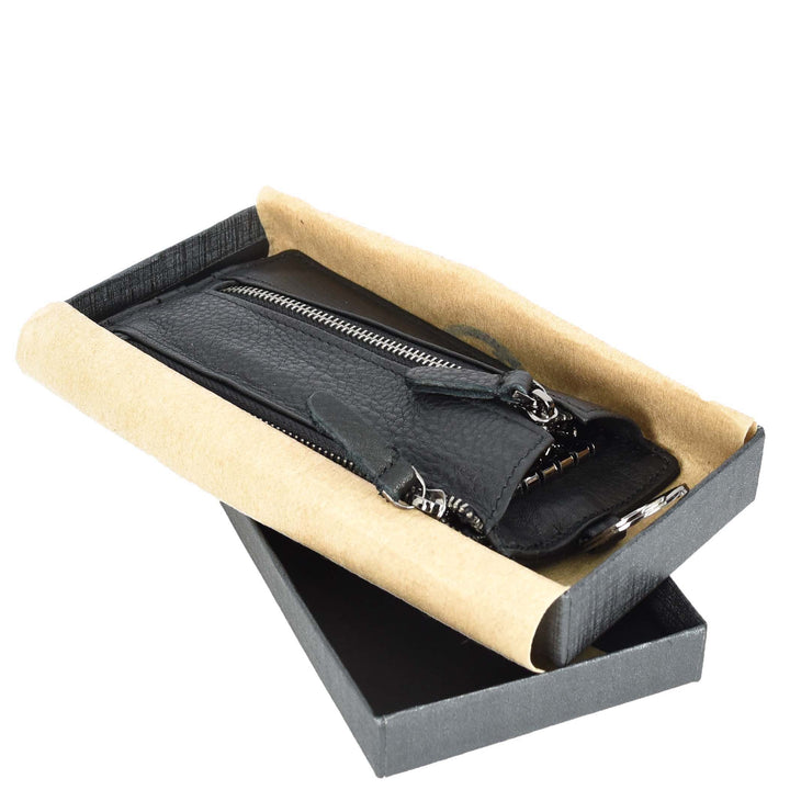 Real Leather Key Case Wallet Large Size Car key Holder Organiser Pouch Trois Black