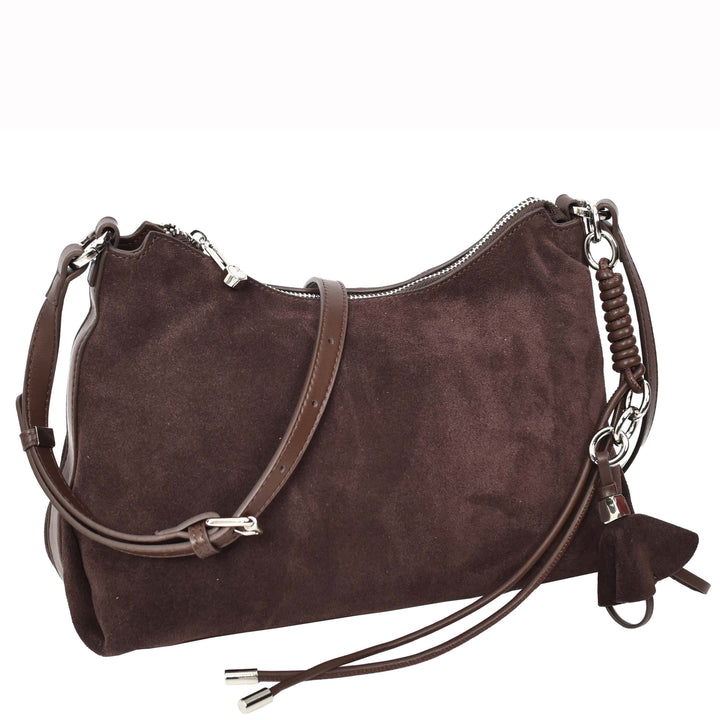 Women's Real Suede Hobo Shoulder Bag Side Tassel Solana Brown 8