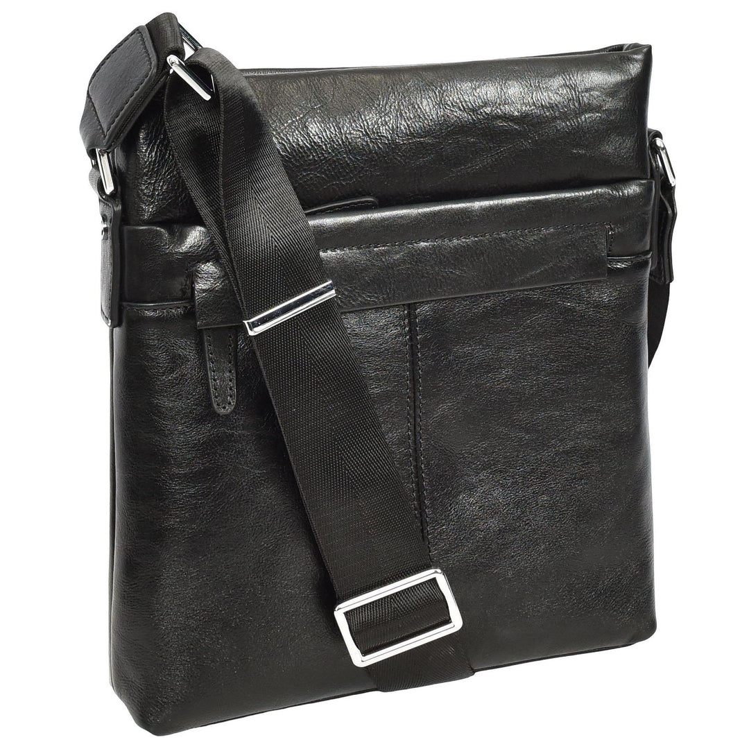 Mens Real Leather Cross body Bag Messenger Shoulder Flight Bag Classic Design Zion Black