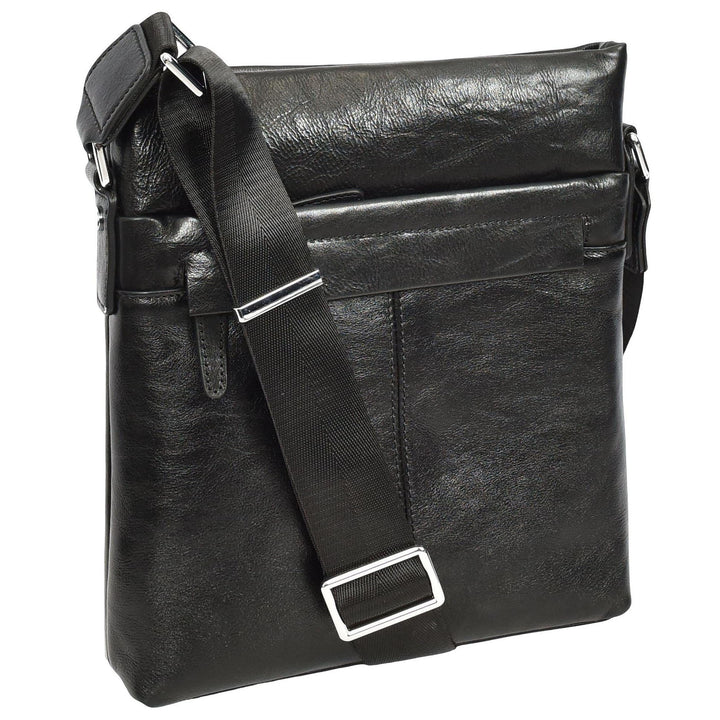 Mens Real Leather Cross body Bag Messenger Shoulder Flight Bag Classic Design Zion Black