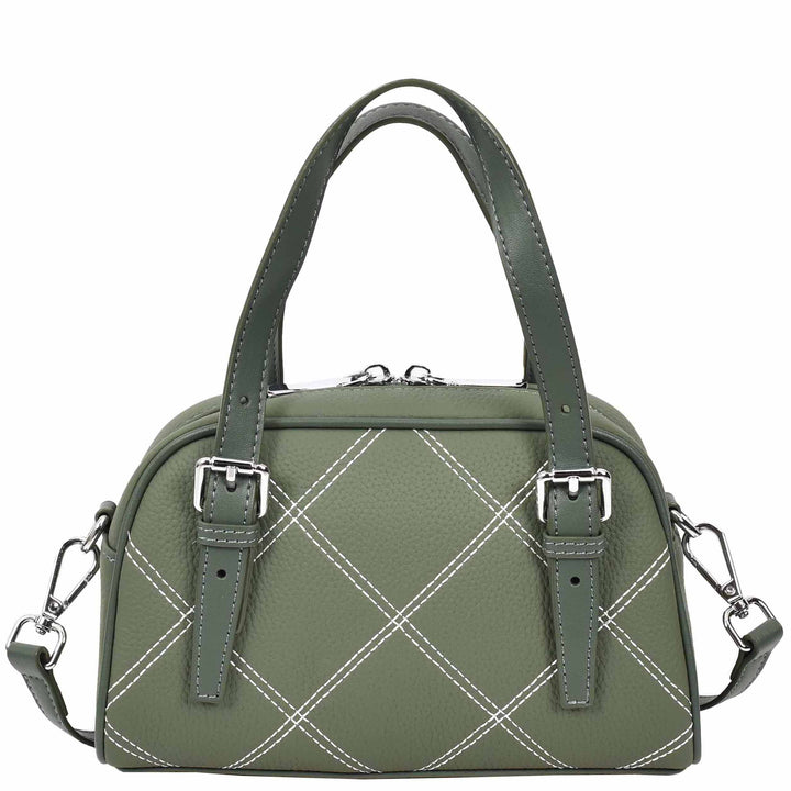 Women's Leather Satchel Handbag Quilted Stitch Design Anya Green 7