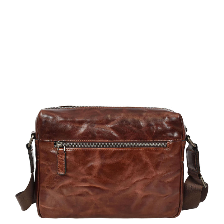 Mens Genuine Distressed Leather Crossbody Flight Bag Multiple Pockets Axel Brown