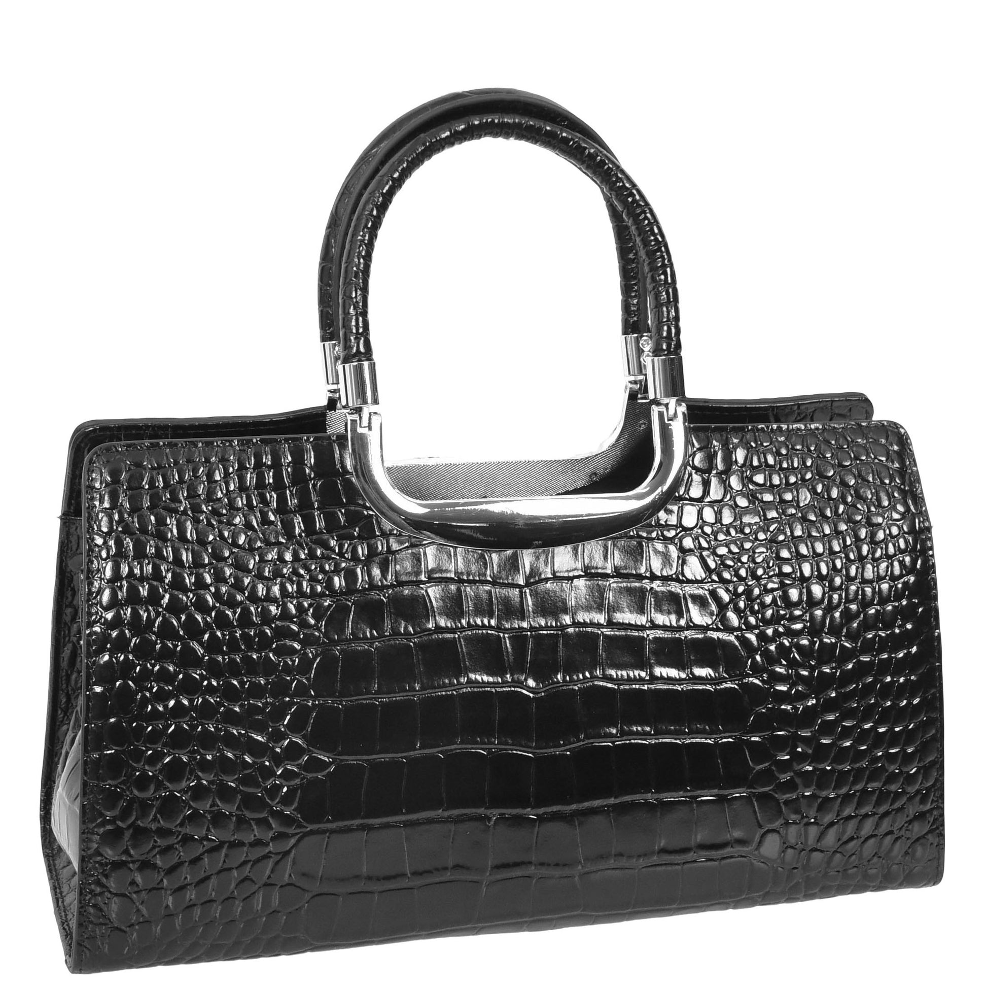 Womens Leather Croc Print Handbag Madeline Black 2