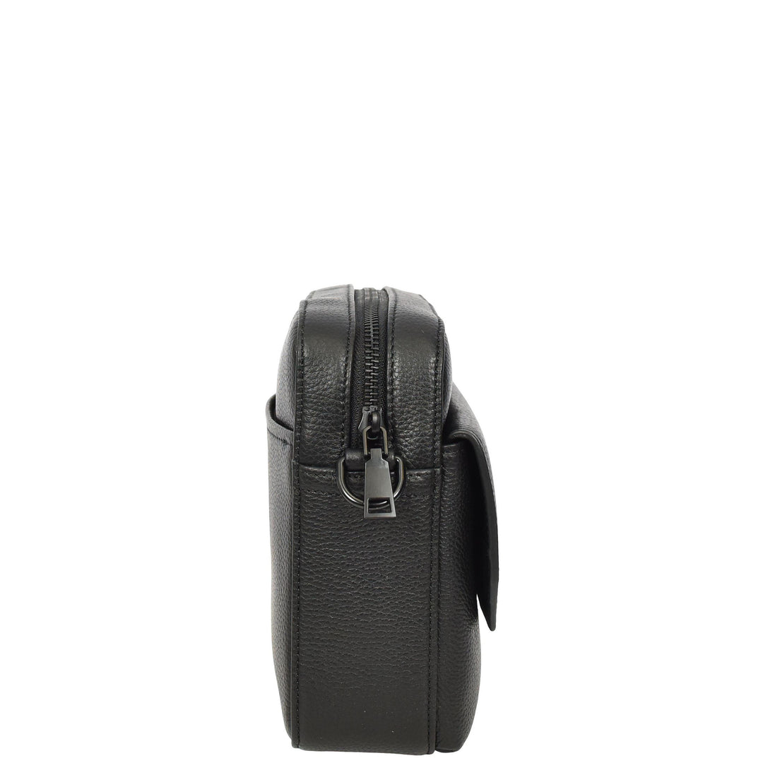 Men's Real Leather Crossbody Flight Bag Adjustable Strap Sandy Black