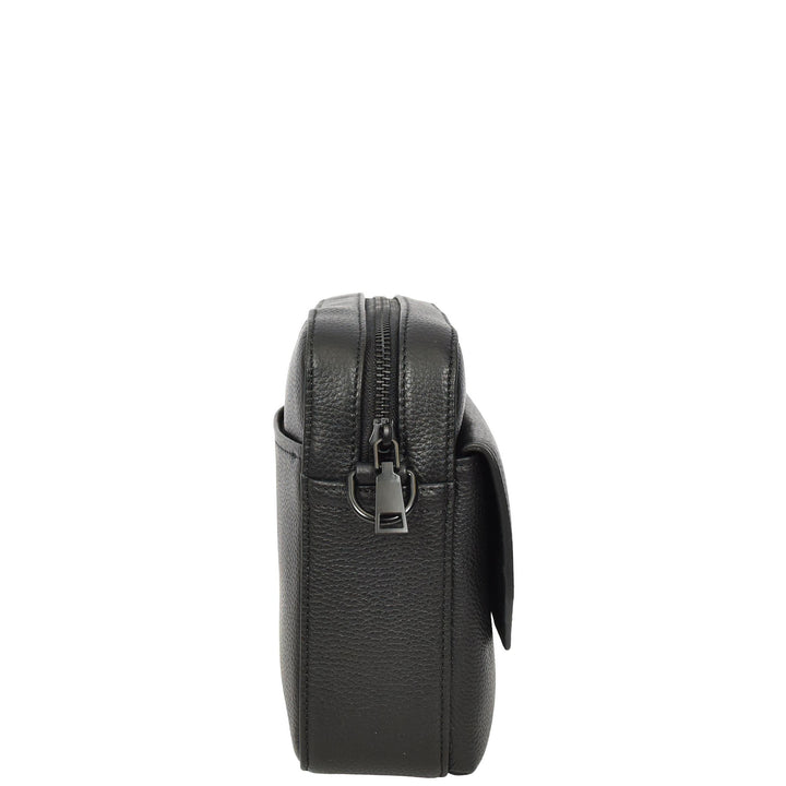 Men's Real Leather Crossbody Flight Bag Adjustable Strap Sandy Black