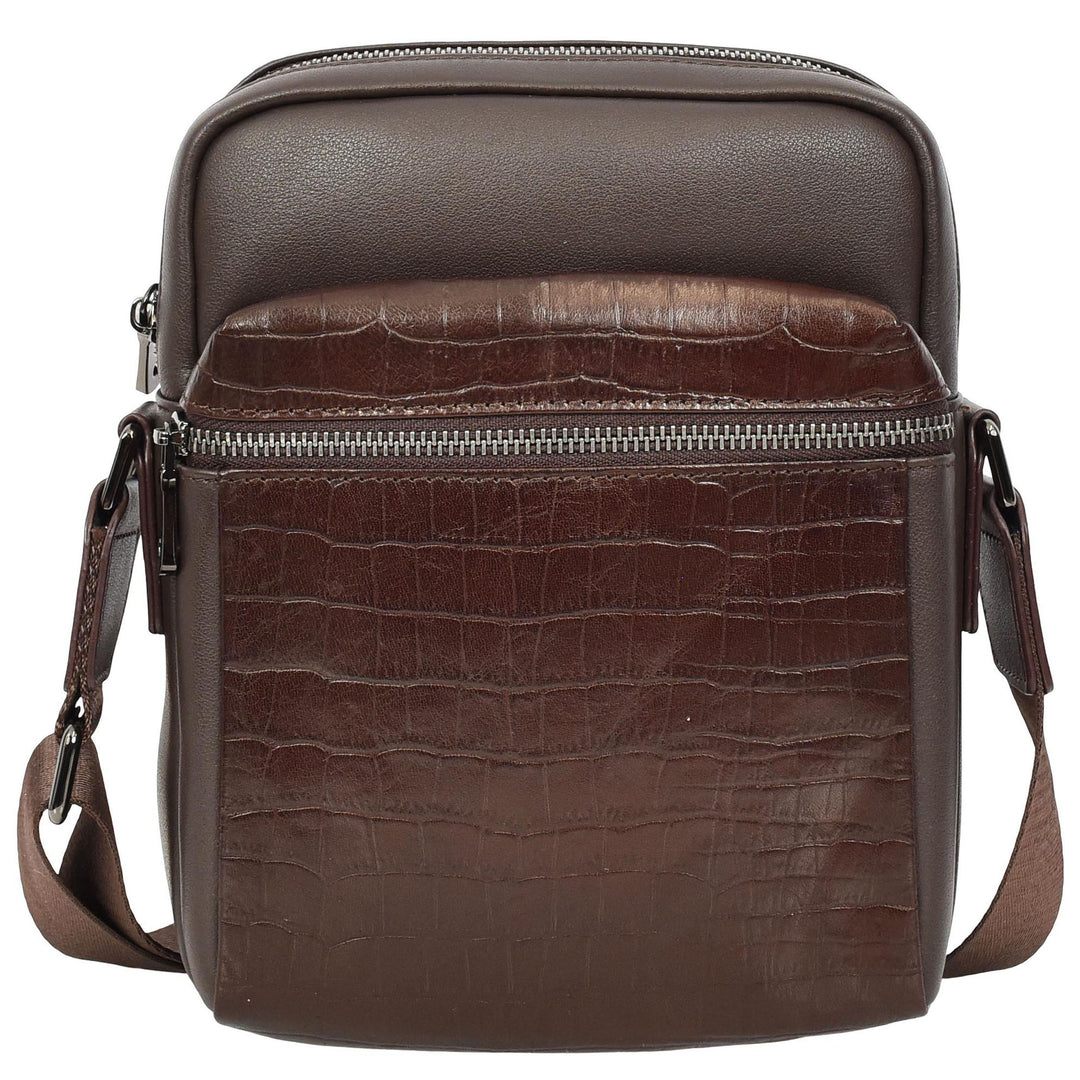 Mens Real Leather Croc-Print Crossbody Bag Casual Messenger Flight Pouch Delmon Brown