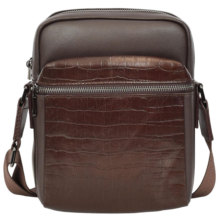 Mens Real Leather Croc-Print Crossbody Bag Casual Messenger Flight Pouch Delmon Brown