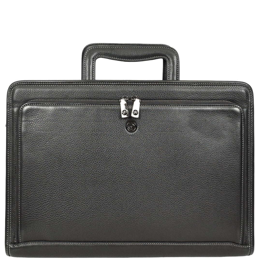 Men’s Leather Business Briefcase Laptop Work Bag with Crossbody Shoulder Strap Raya Black