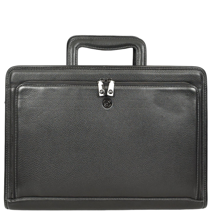 Men’s Leather Business Briefcase Laptop Work Bag with Crossbody Shoulder Strap Raya Black
