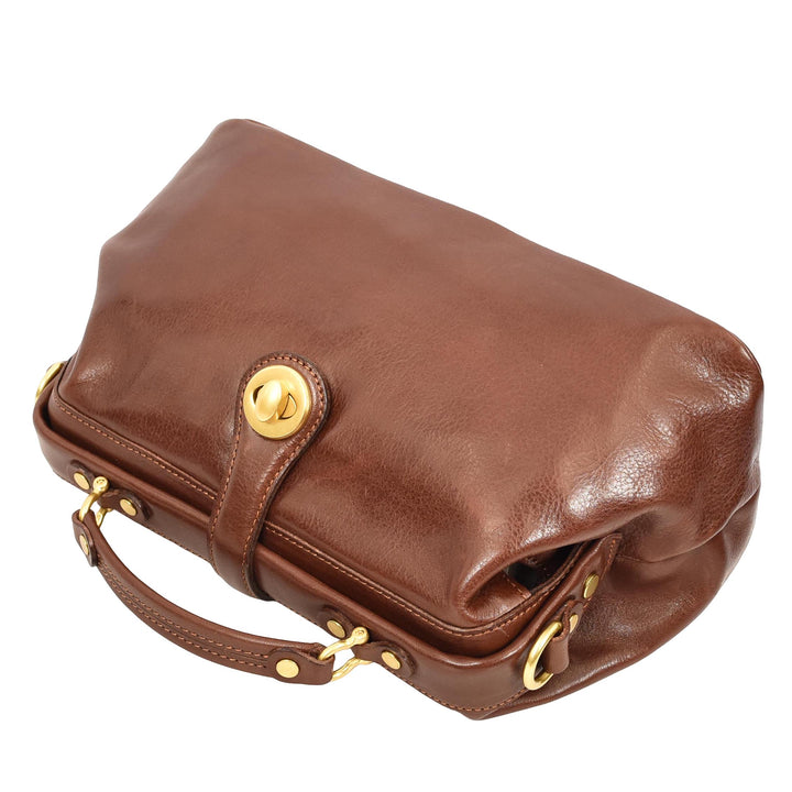 Womens Real Leather Bag Doctor Handbag HOL848 Brown