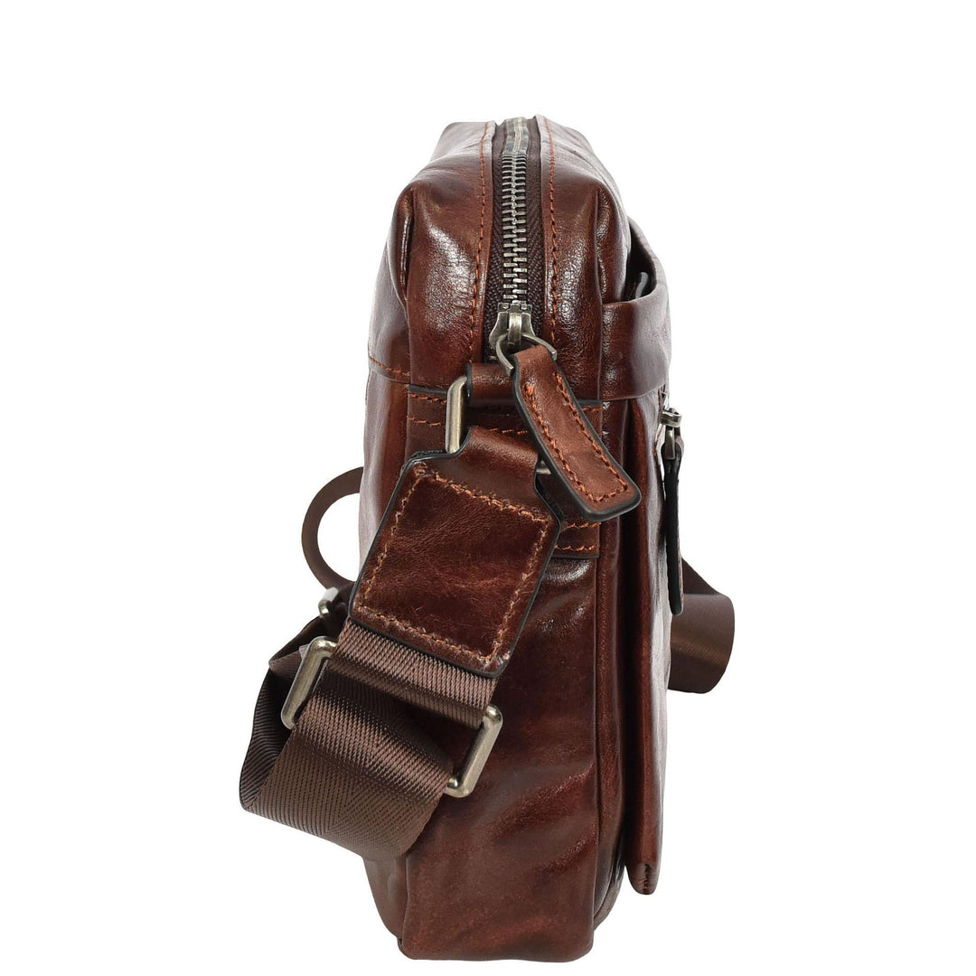 Mens Genuine Distressed Leather Crossbody Flight Bag Multiple Pockets Axel Brown