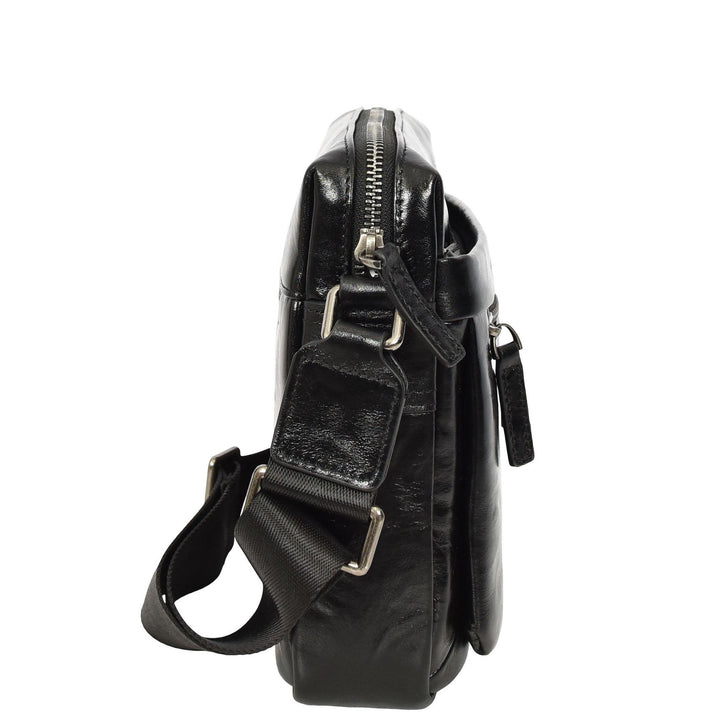Mens Genuine Distressed Leather Crossbody Flight Bag Multiple Pockets Axel Black